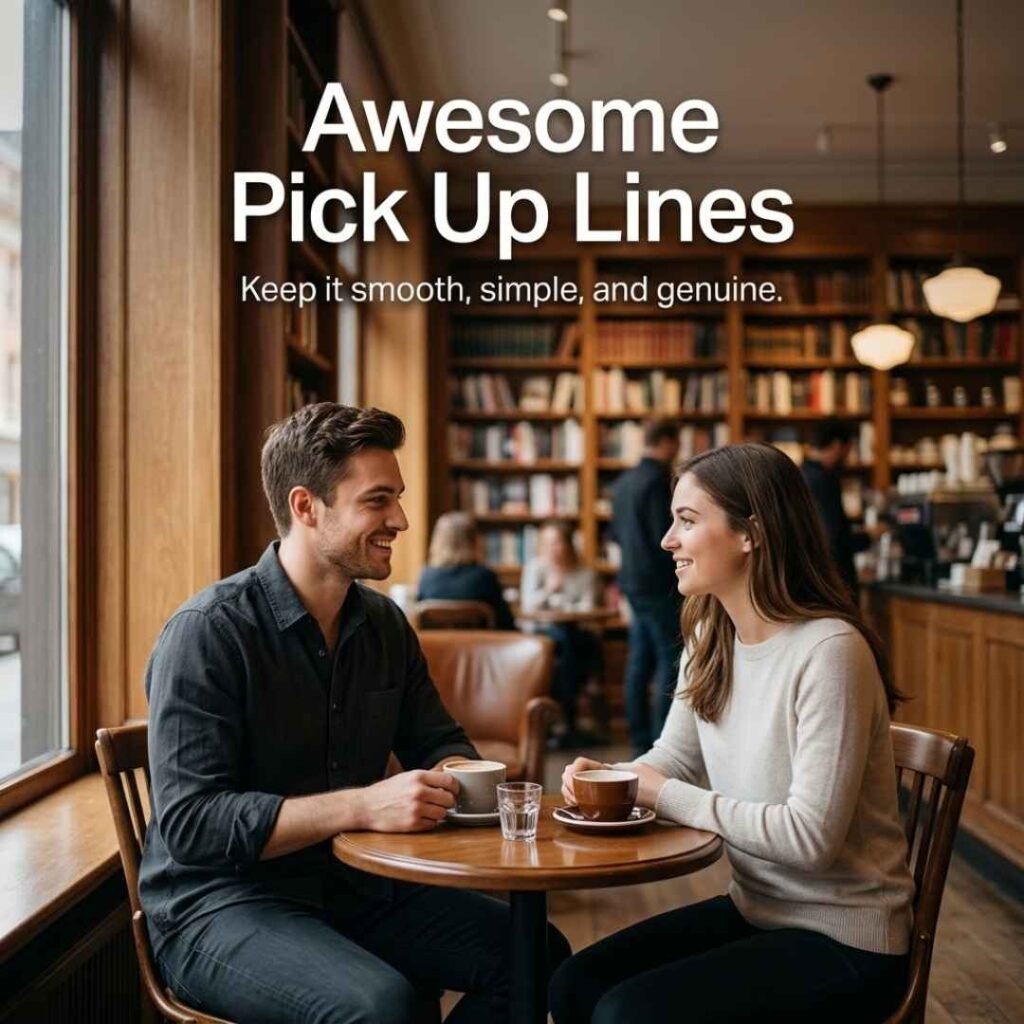 Professional bookstore café photograph featuring a relaxed conversation, with Awesome Pick Up Lines and a message about keeping conversations smooth and genuine.