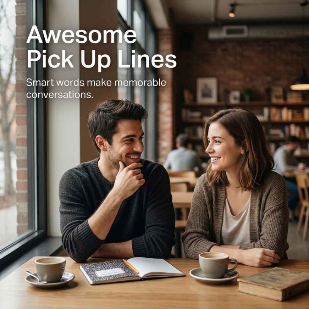 Realistic modern café conversation featuring Awesome Pick Up Lines, a notebook, coffee, and a clever message about memorable conversations.