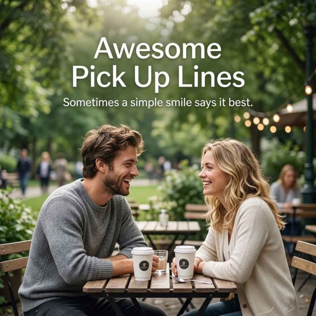 Beautiful outdoor café scene with two people smiling naturally, featuring Awesome Pick Up Lines and a sweet message about simple smiles.