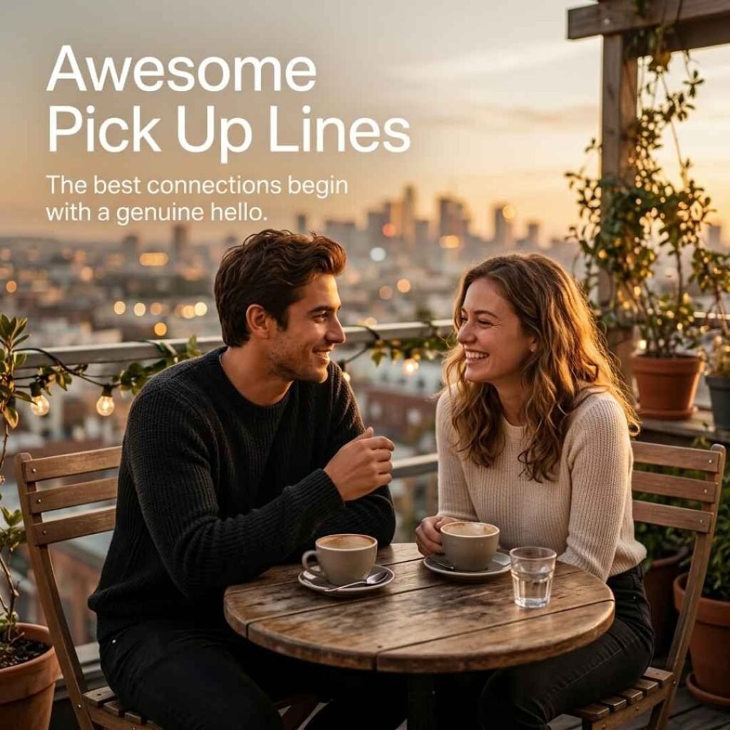 Golden-hour rooftop café scene showing two people enjoying a warm conversation with Awesome Pick Up Lines and a message about genuine connections.