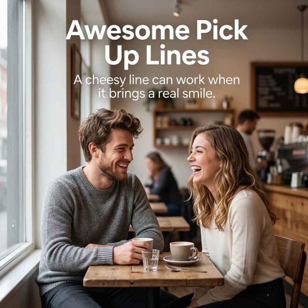 Realistic café scene of two people laughing after a playful conversation, featuring Awesome Pick Up Lines and a message about cheesy lines creating genuine smiles.