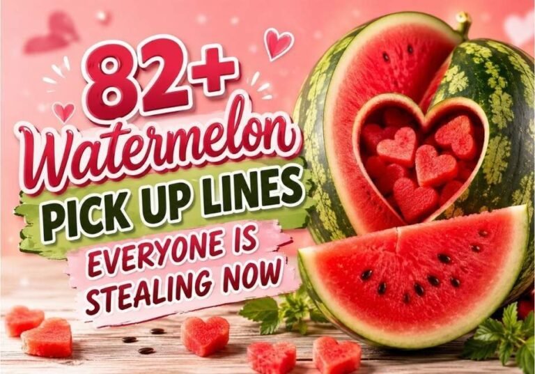 Watermelon Pick Up Lines Everyone Is Stealing Now featured image with fresh watermelon slices, heart-shaped watermelon pieces, vibrant summer theme, and romantic design for funny watermelon pick up lines blog.