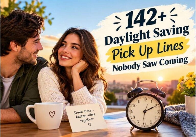 142+ Daylight Saving Pick Up Lines featuring a romantic couple, sunset setting, and vintage clock”