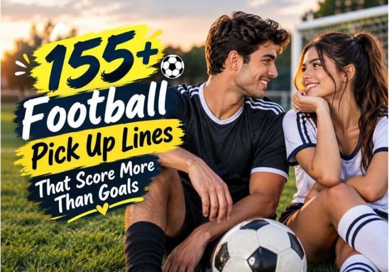155+ Football Pick Up Lines That Score More Than Goals featuring a flirty couple on a soccer field with a football and goal in the background.