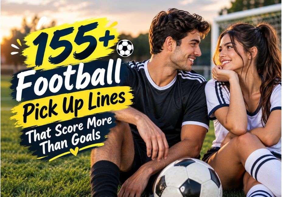 155+ Football Pick Up Lines That Score More Than Goals featuring a flirty couple on a soccer field with a football and goal in the background.