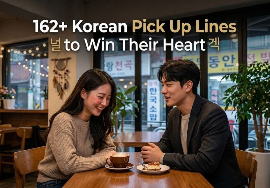A young couple sitting in a cozy modern cafe smiling at each other, featuring the headline "162+ Korean Pick Up Lines to Win Their Heart."