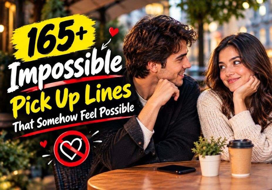 165+ Impossible Pick Up Lines That Somehow Feel Possible featuring a romantic couple flirting at a cozy café with playful heart symbols and bold colorful