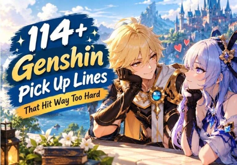 114+ Genshin Pick Up Lines That Hit Way Too Hard featuring two Genshin-inspired characters sharing a romantic moment in a fantasy landscape.