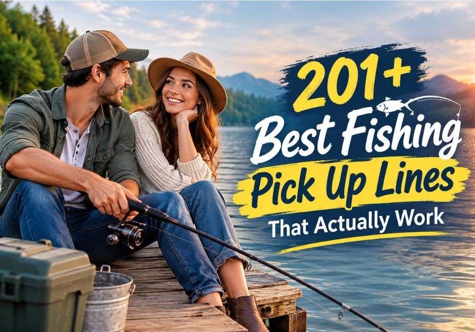 201+ Best Fishing Pick Up Lines That Actually Work featured image with a couple fishing together on a scenic lake at sunset.