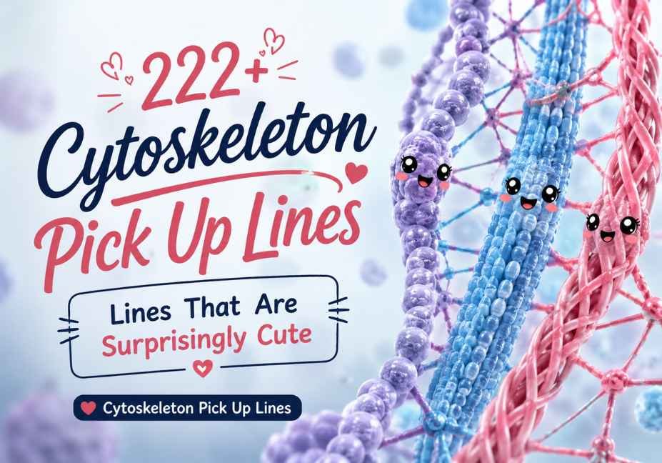 222+ Cytoskeleton Pick Up Lines graphic featuring colorful, cute cytoskeleton filaments with playful hearts and the phrase “Lines That Are Surprisingly Cute.”