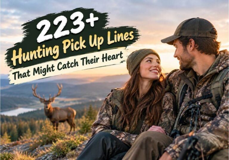 223+ Hunting Pick Up Lines That Might Catch Their Heart featuring a romantic hunting couple in camouflage clothing enjoying a scenic mountain landscape with a deer in the background.