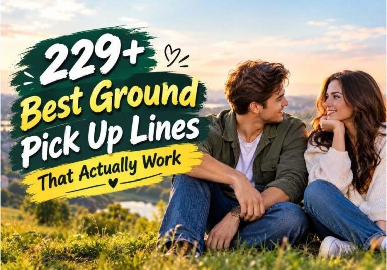 229+ Best Ground Pick Up Lines That Actually Work featuring a romantic couple sitting together outdoors on a grassy field at golden hour.