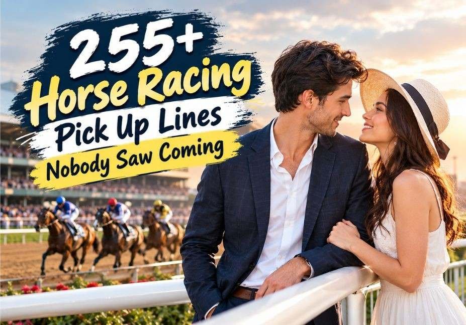 255+ Horse Racing Pick Up Lines Nobody Saw Coming featuring a romantic couple at a horse racing track with racehorses competing in the background.