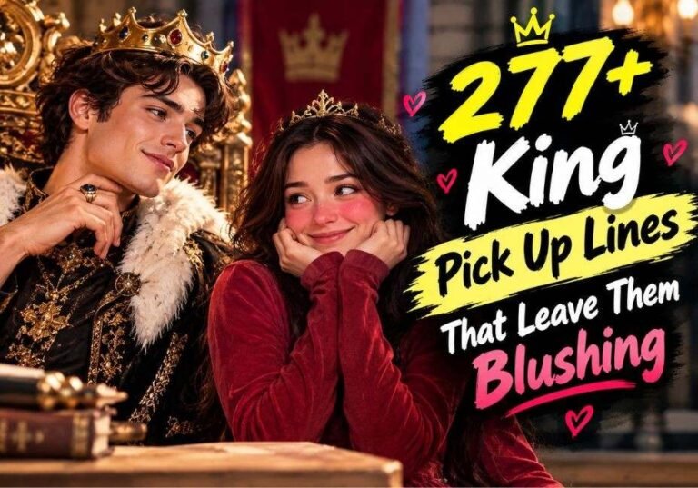277+ King Pick Up Lines That Leave Them Blushing featuring a charming crowned king flirting with a blushing woman in a luxurious medieval castle setting.