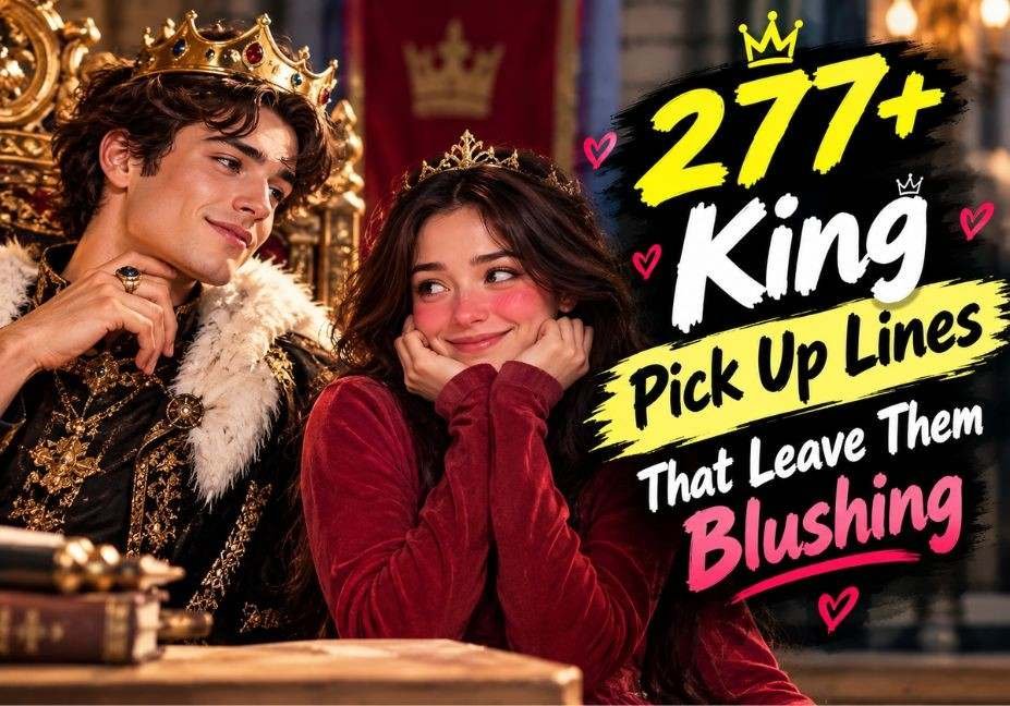 277+ King Pick Up Lines That Leave Them Blushing featuring a charming crowned king flirting with a blushing woman in a luxurious medieval castle setting.