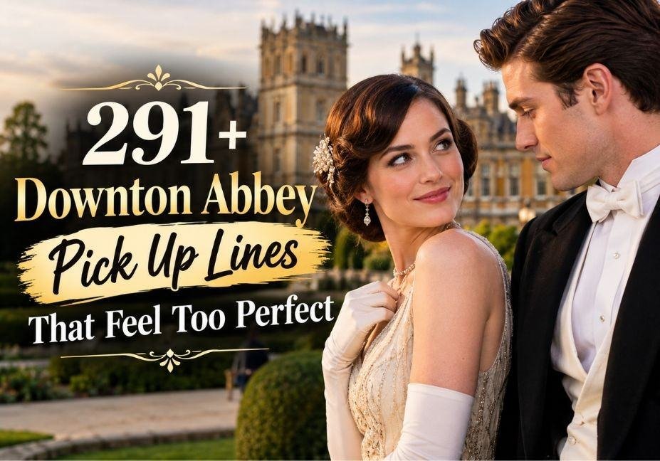 291+ Downton Abbey Pick Up Lines That Feel Too Perfect – romantic couple in elegant period attire at a grand estate