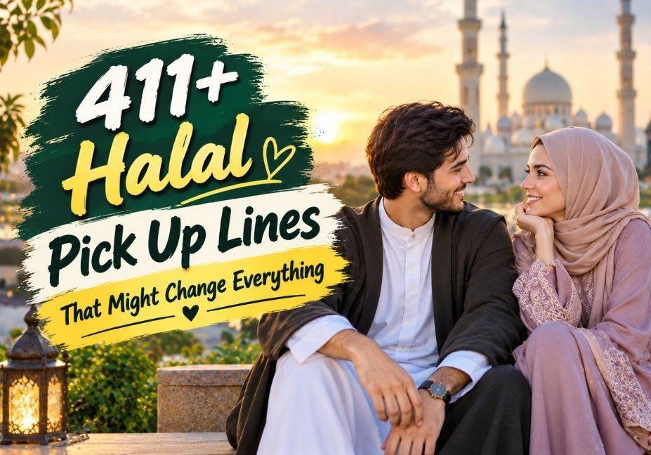 411+ Halal Pick Up Lines That Might Change Everything featuring a modest couple sharing a romantic moment at sunset with a mosque in the background.