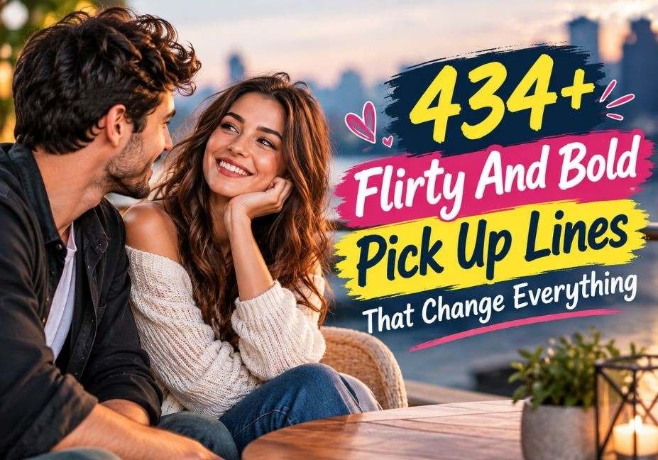 Flirty and bold pick up lines featuring a smiling couple sharing a romantic moment at a city café during golden hour.