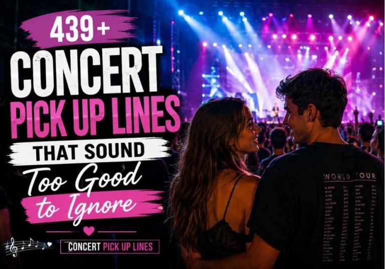 439+ Concert Pick Up Lines” featured over a vibrant concert crowd with a couple enjoying the live music.