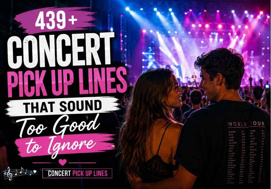 439+ Concert Pick Up Lines” featured over a vibrant concert crowd with a couple enjoying the live music.