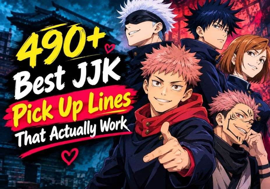 490+ Best JJK Pick Up Lines That Actually Work featuring popular Jujutsu Kaisen-inspired anime characters with bold colorful typography and a romantic, playful theme.