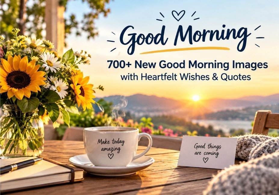 Steaming coffee cup on a wooden table with sunflowers and a sunrise view, featuring text reading "Good Morning 700+ New Good Morning Images with Heartfelt Wishes & Quotes