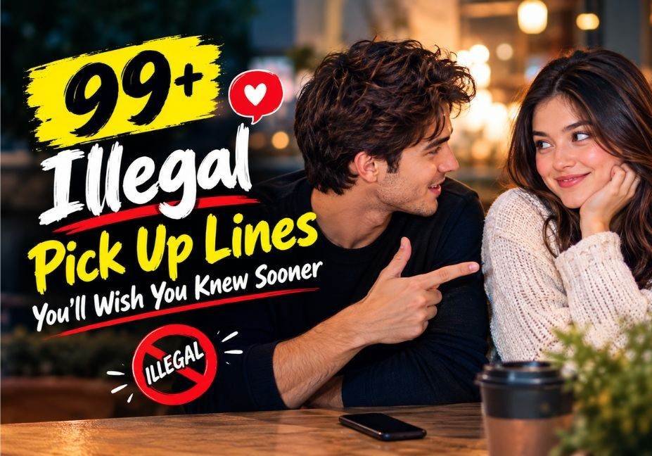 99+ Illegal Pick Up Lines You’ll Wish You Knew Sooner featuring a playful couple flirting at a cozy café with bold text, a heart symbol, and a humorous forbidden-love theme.