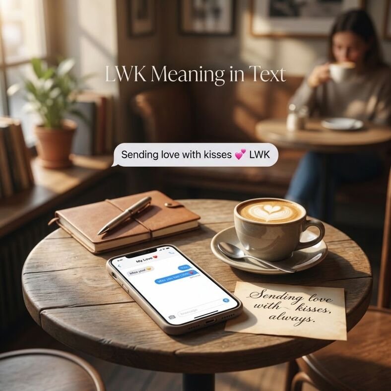 A warm texting scene showing LWK Meaning in Text as “Love With Kisses,” with an affectionate smartphone message and subtle romantic details.