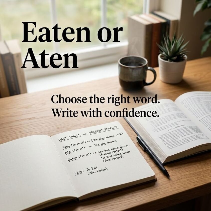 Eaten or Aten grammar comparison showing the meaning and correct usage of “eaten” and “aten” on a realistic English study desk.