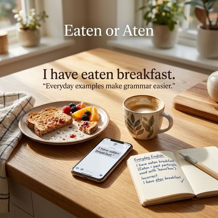 Everyday Eaten or Aten examples shown on a realistic breakfast table with a smartphone message demonstrating the correct use of “eaten.”