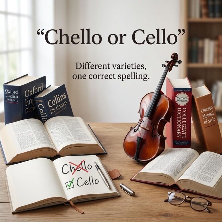British and American English spelling comparison featuring Chello or Cello, dictionaries, a cello, and a notebook showing the correct spelling.