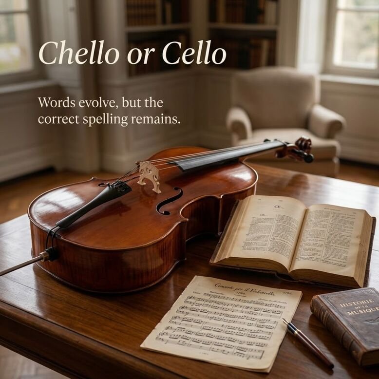 Chello or Cello origin explained through a realistic cello, vintage music dictionary, and historical manuscript on a classical study desk.