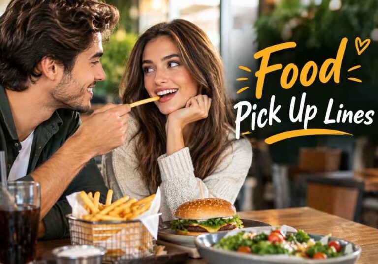 A romantic couple sharing French fries at a cozy café, surrounded by delicious food, with “Food Pick Up Lines” adding a playful twist to their flirty moment.