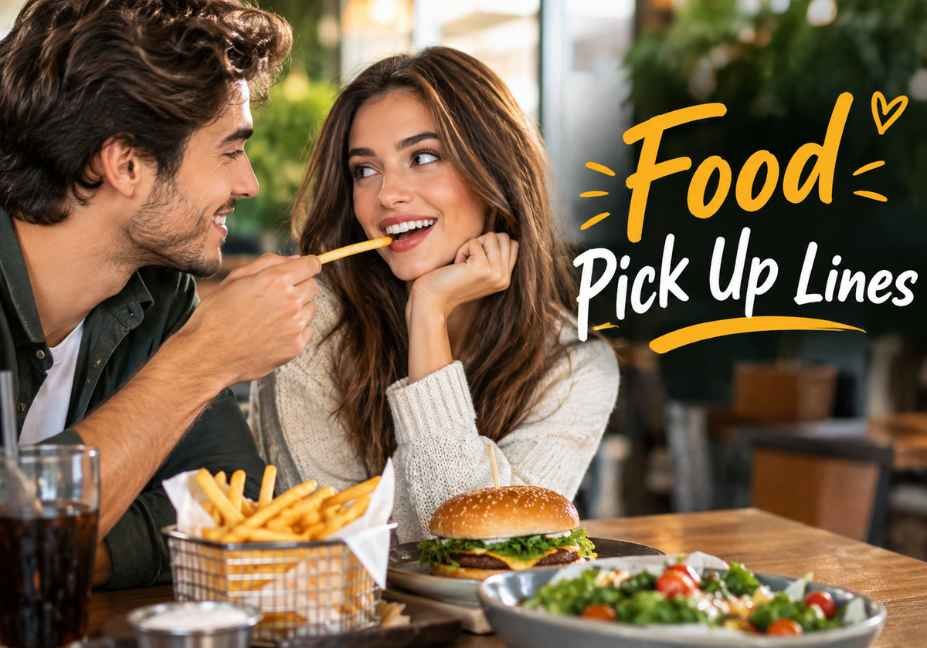 A romantic couple sharing French fries at a cozy café, surrounded by delicious food, with “Food Pick Up Lines” adding a playful twist to their flirty moment.