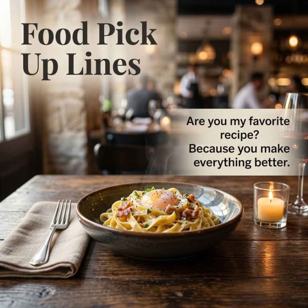 Gourmet pasta dinner with a clever romantic message and “Food Pick Up Lines” text for creative flirting.