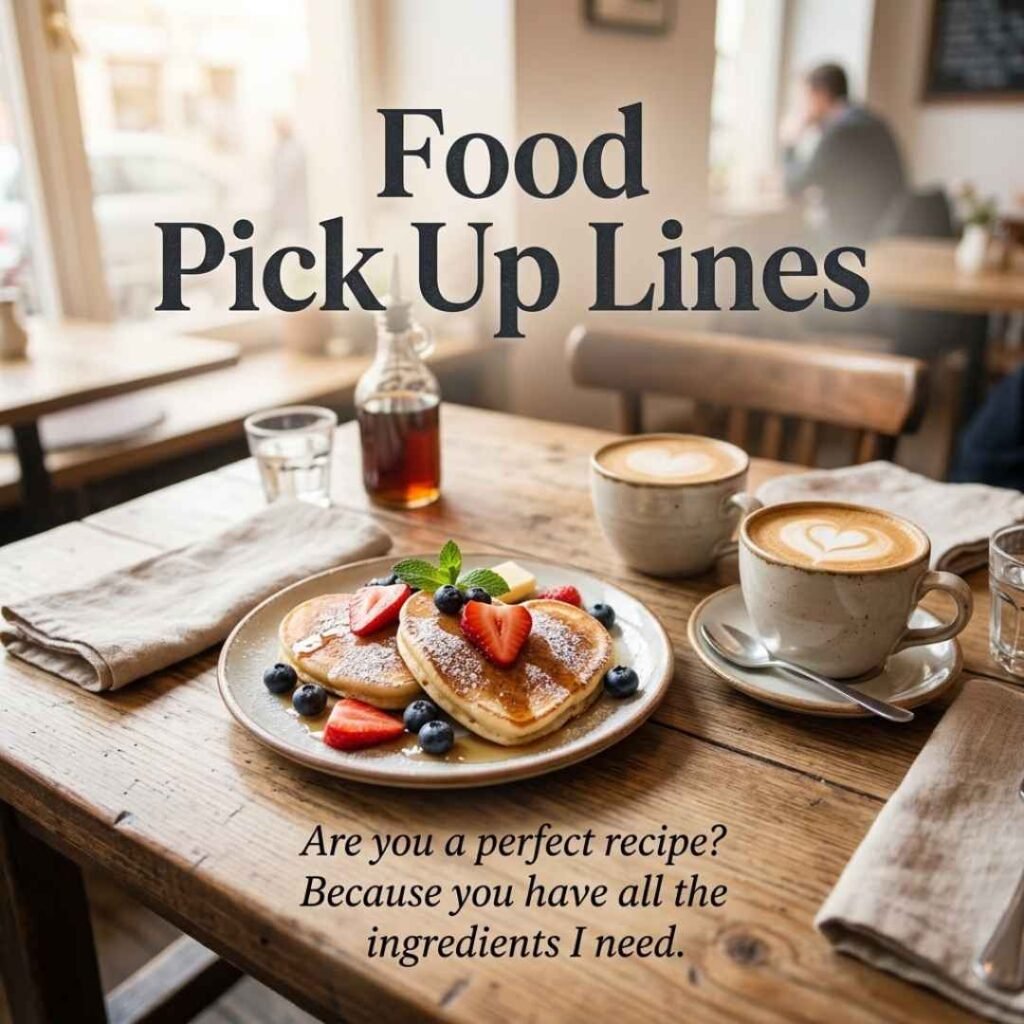 Romantic café breakfast with pancakes and the text “Food Pick Up Lines,” featuring a sweet pickup line for a crush.