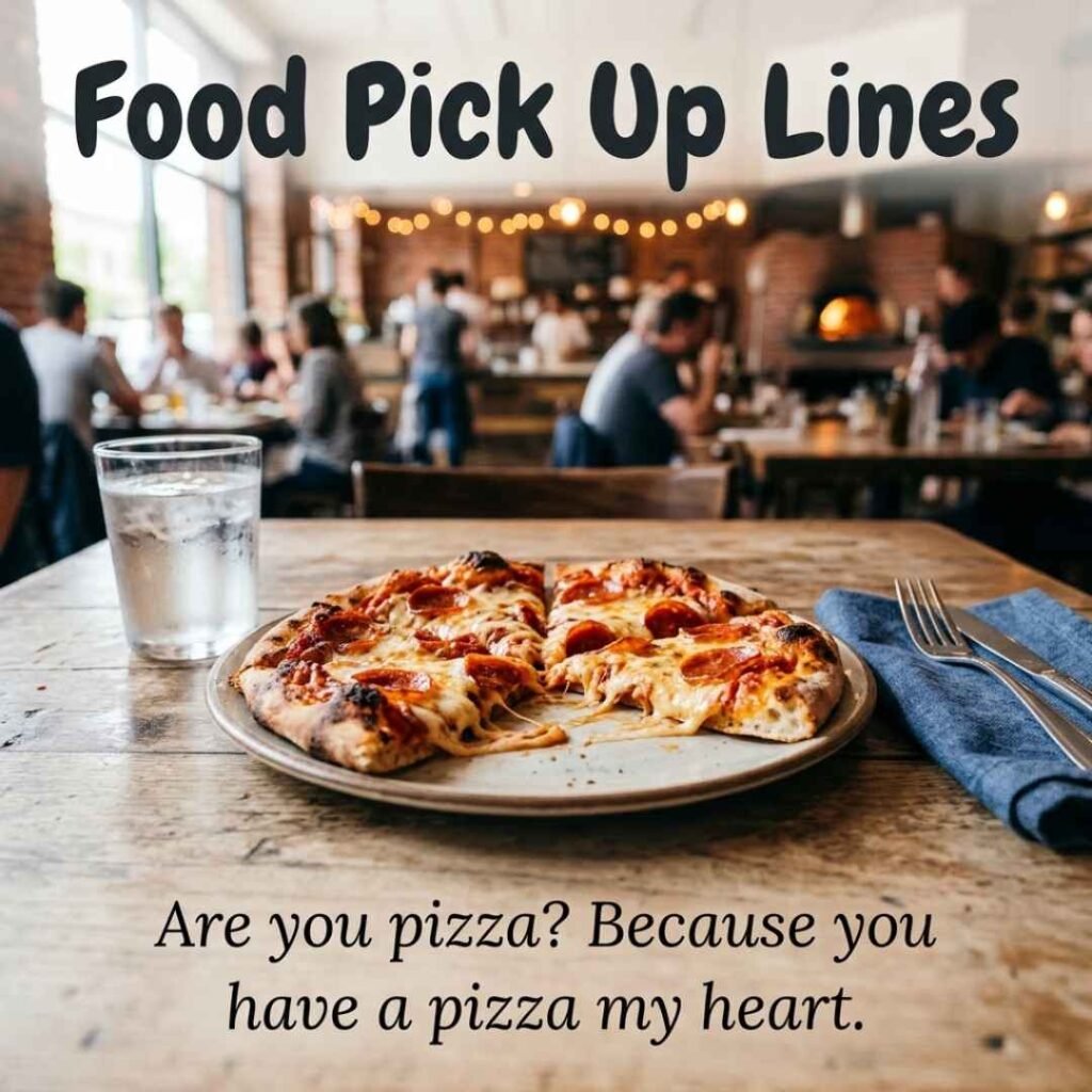 Cheesy pizza and humorous “Food Pick Up Lines” featuring a bad but funny pizza pickup line.