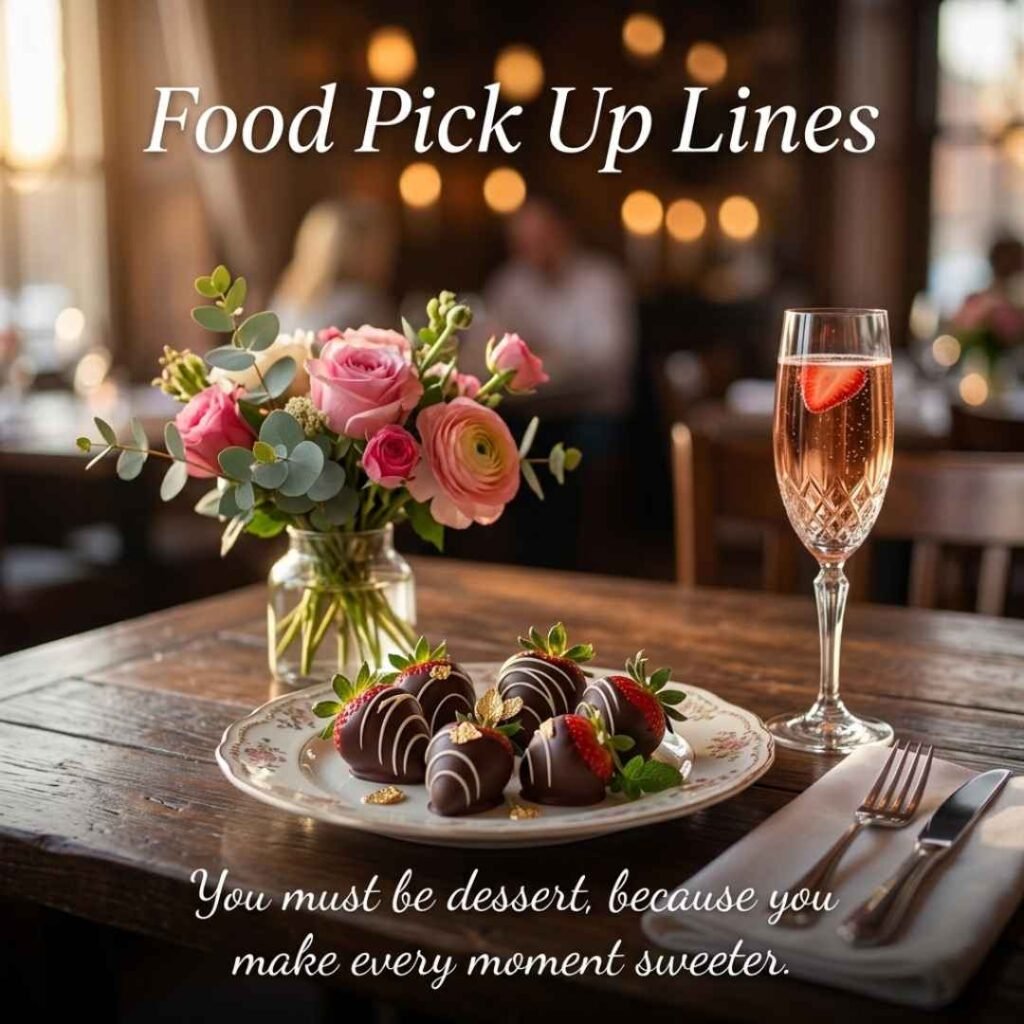 Romantic dessert and flowers with a sweet message for her and the keyword “Food Pick Up Lines.”