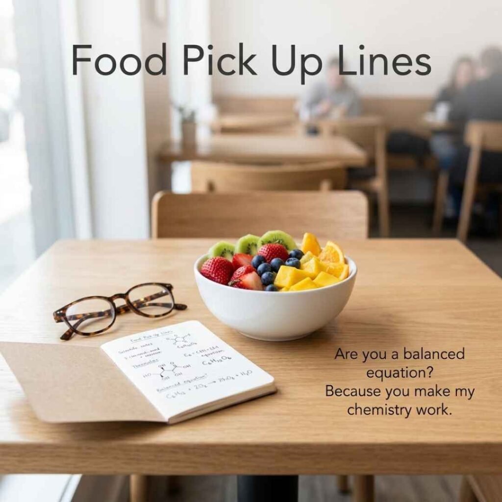 Fruit bowl, notebook, and glasses with a nerdy food pickup line under “Food Pick Up Lines.”