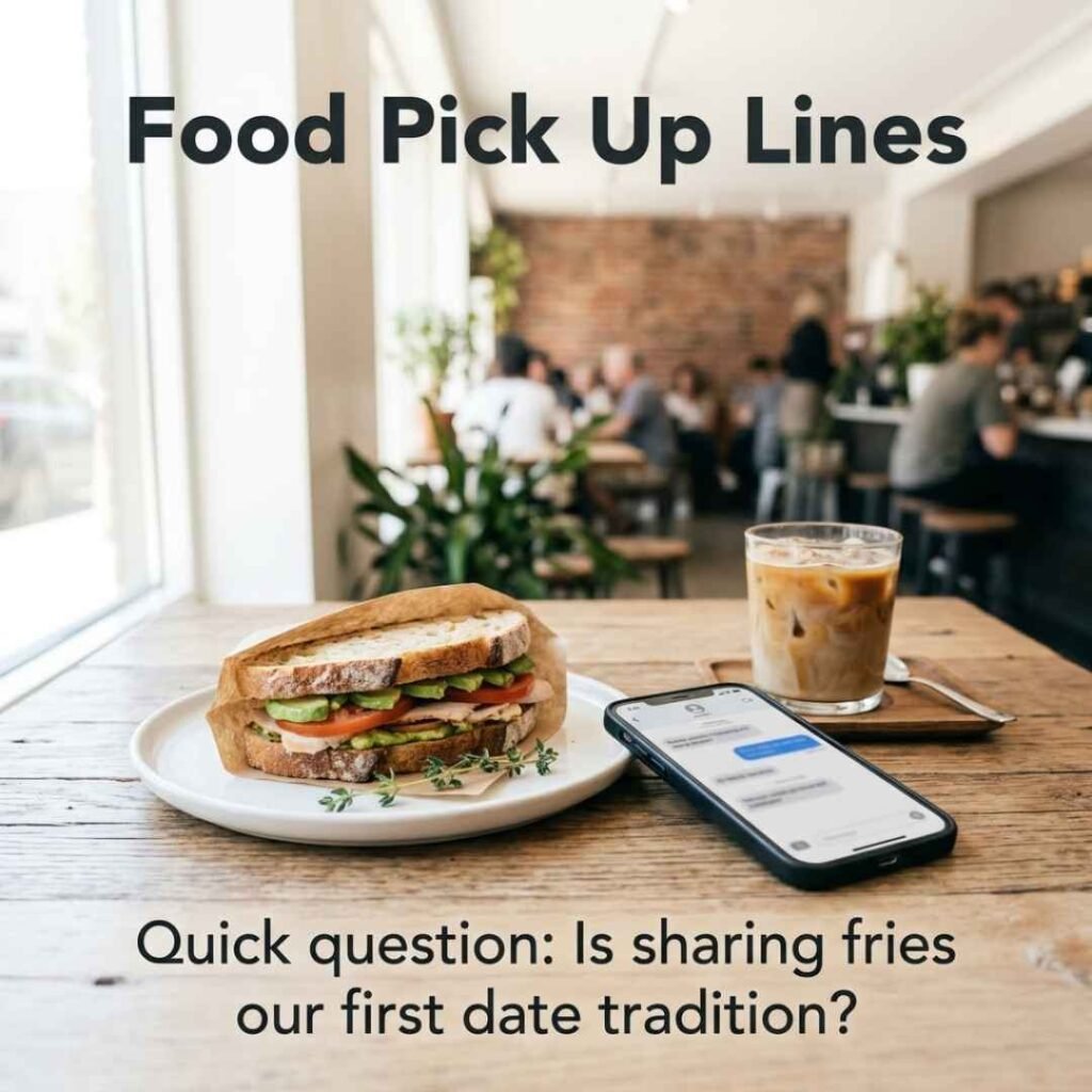 Café sandwich, smartphone, and coffee featuring a clever Hinge opener under “Food Pick Up Lines.”