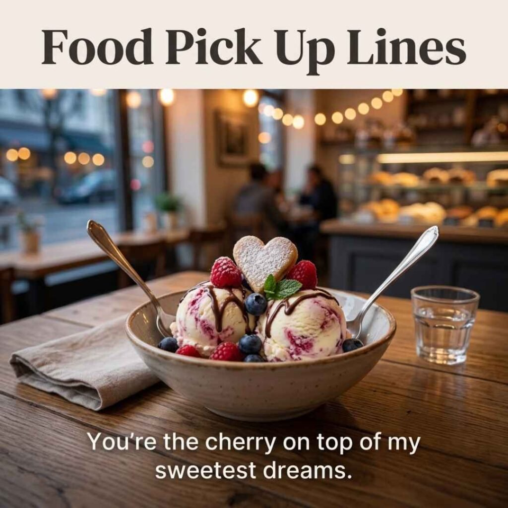Romantic ice cream dessert with a cheesy message for a girlfriend and “Food Pick Up Lines” text.