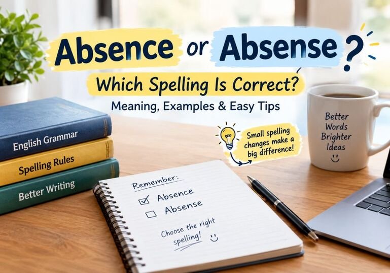 Absence or Absense spelling comparison with English grammar books, notebook, and a study desk showing the correct spelling.