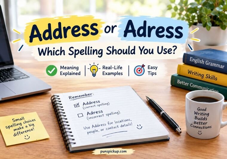 Address or Adress spelling comparison showing the correct spelling, English grammar books, notebook, and writing tips on a professional desk.