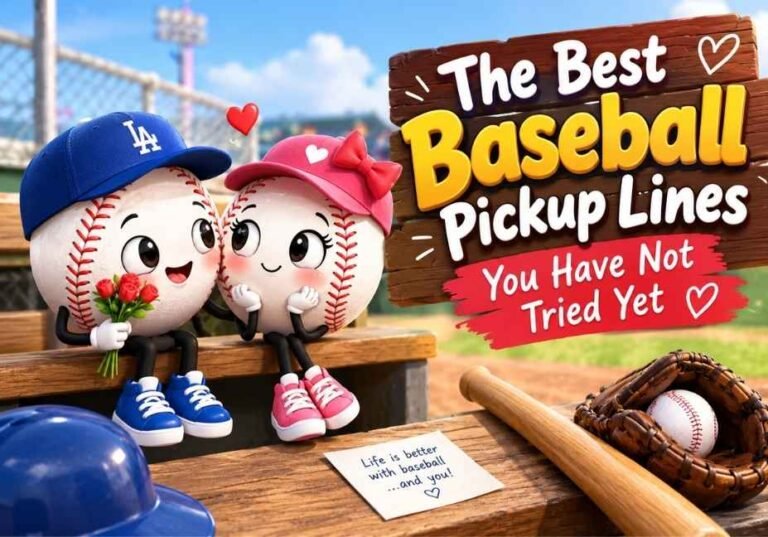 Cute 3D baseball couple with flowers and hearts beside a sign featuring the best baseball pickup lines