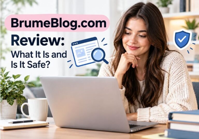 Woman using a laptop in a home office while researching BrumeBlog.com, with a review and online safety concept featuring a magnifying glass and security shield.