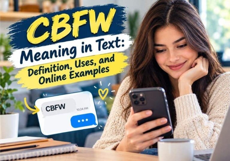 CBFW Meaning in Text: Definition, Uses, and Online Examples featuring a woman checking her smartphone with a CBFW text message and chat bubble graphic.