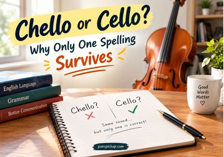 Chello or Cello spelling comparison with a realistic cello, English language books, notebook, and correct spelling marked clearly.