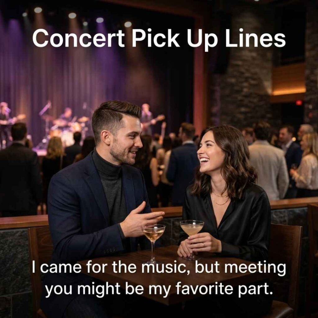 Concert Pick Up Lines featuring a clever music-themed Hinge opener and two people naturally talking at a concert.