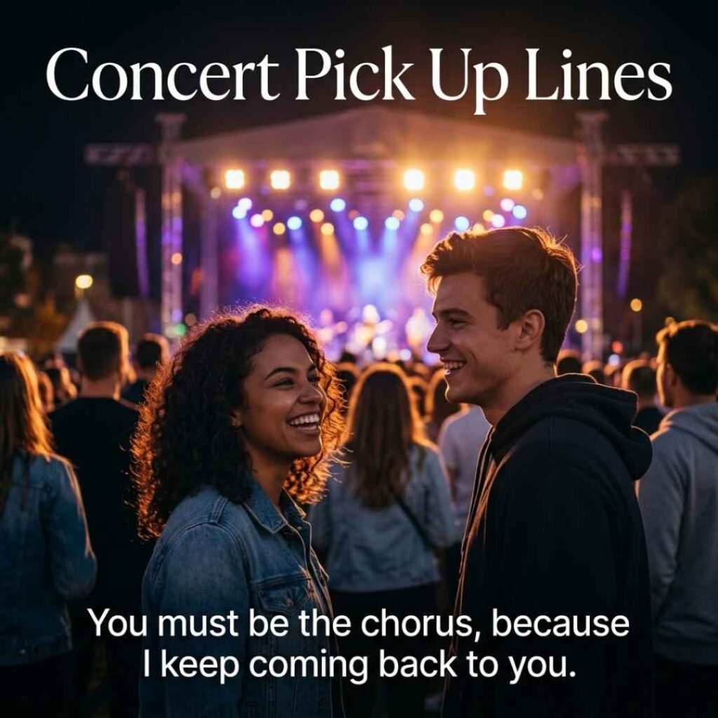 Concert Pick Up Lines with a cheesy music-themed message over a realistic nighttime concert scene.