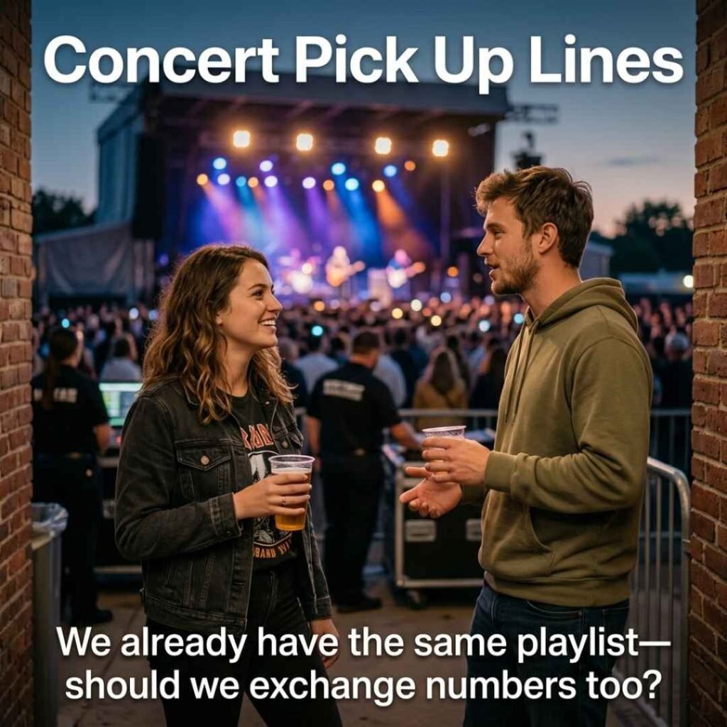 Concert Pick Up Lines featuring a smooth concert rizz message and two people having a natural conversation at a live show.